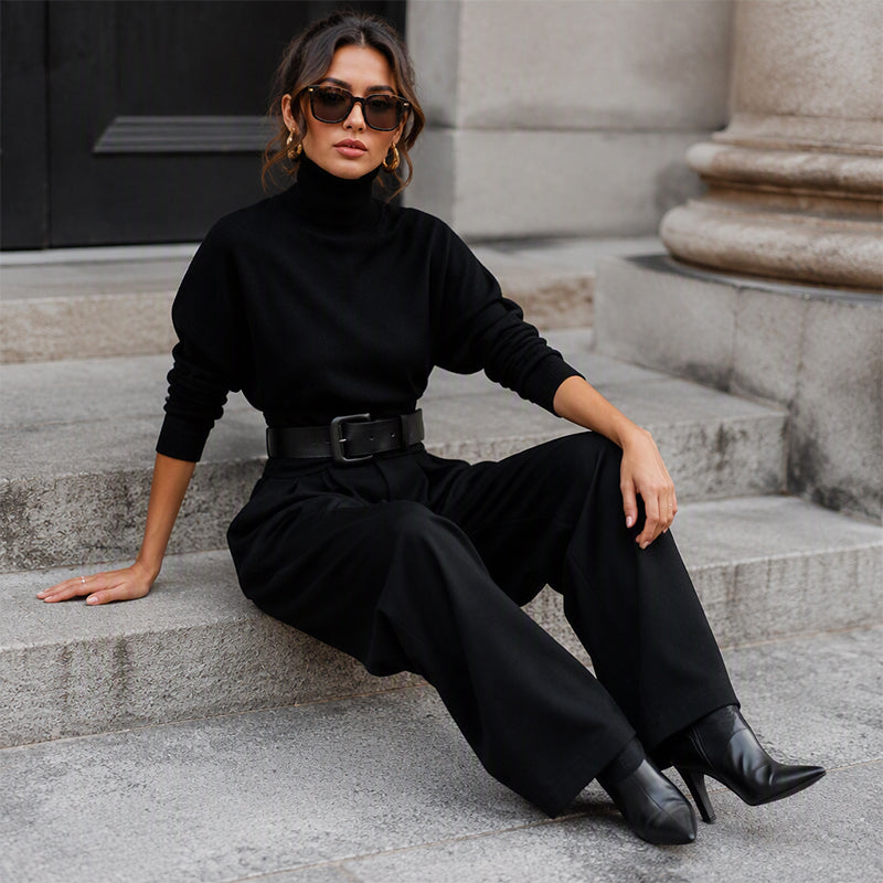 Elegant turtleneck top and high-waist pants set