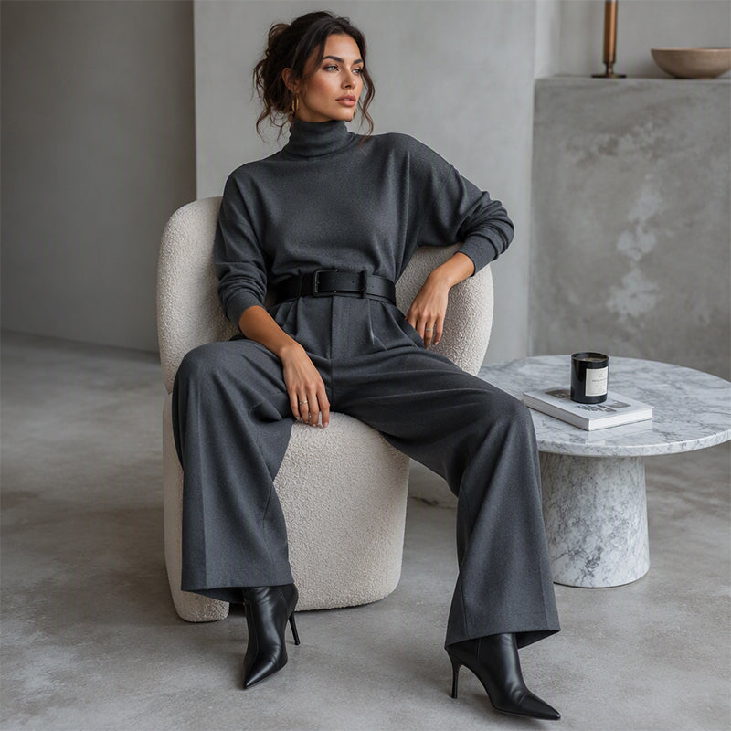 Elegant turtleneck top and high-waist pants set