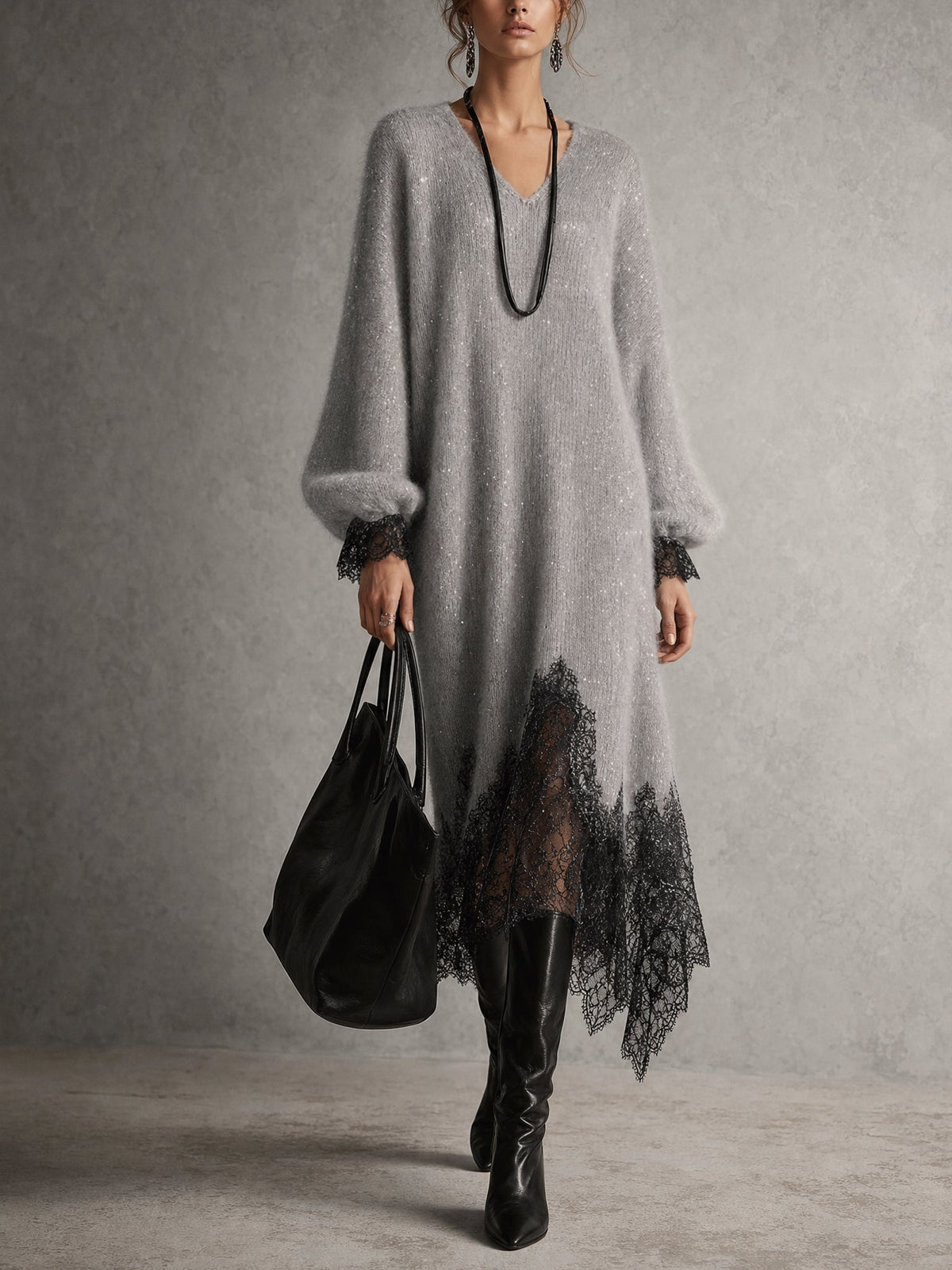 Gray knit midi dress with lace trim - 1