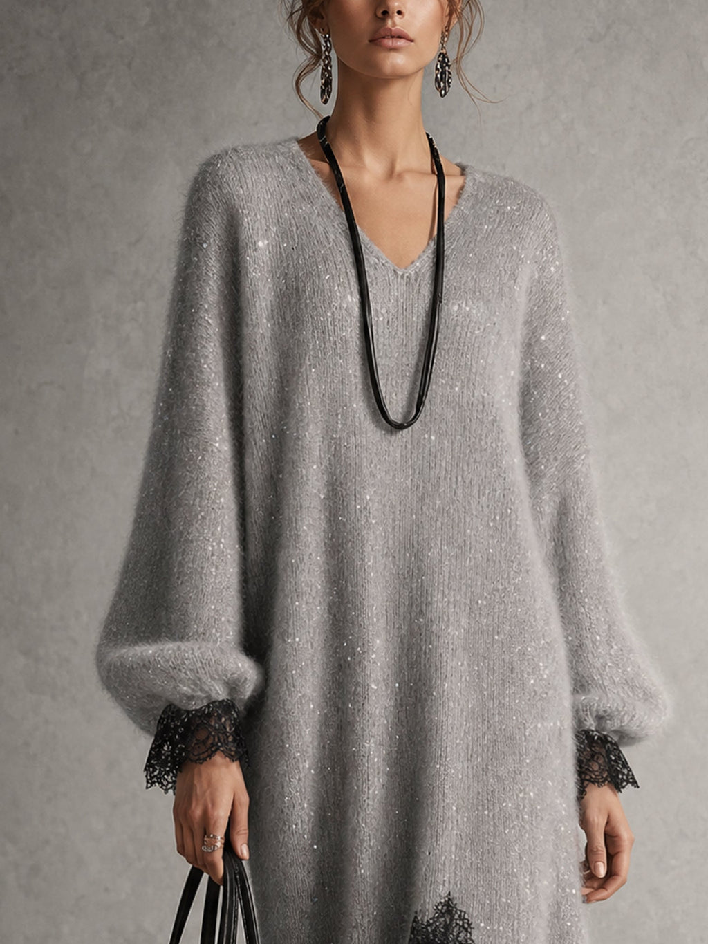 Gray knit midi dress with lace trim - 6