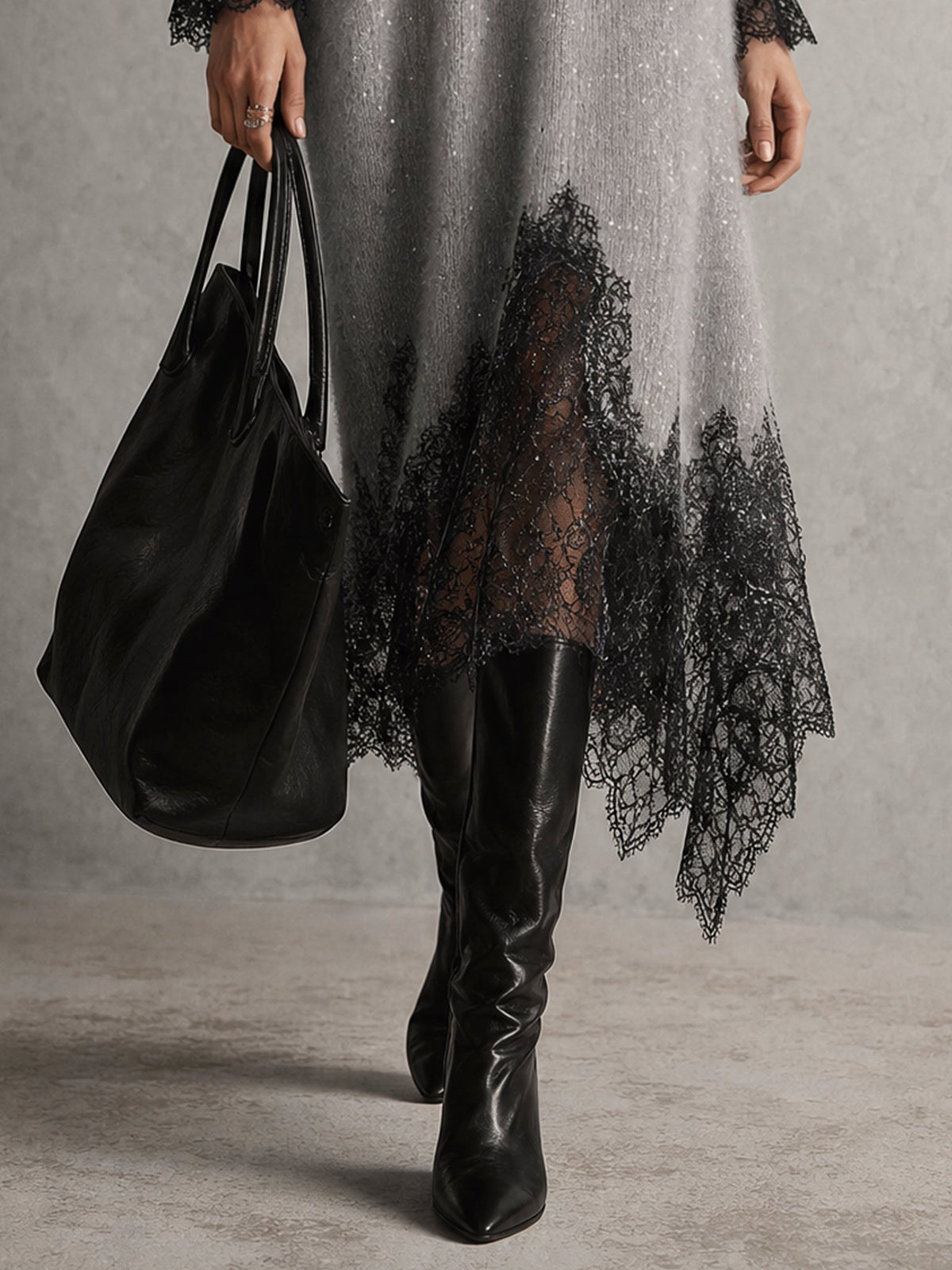 Gray knit midi dress with lace trim - 7