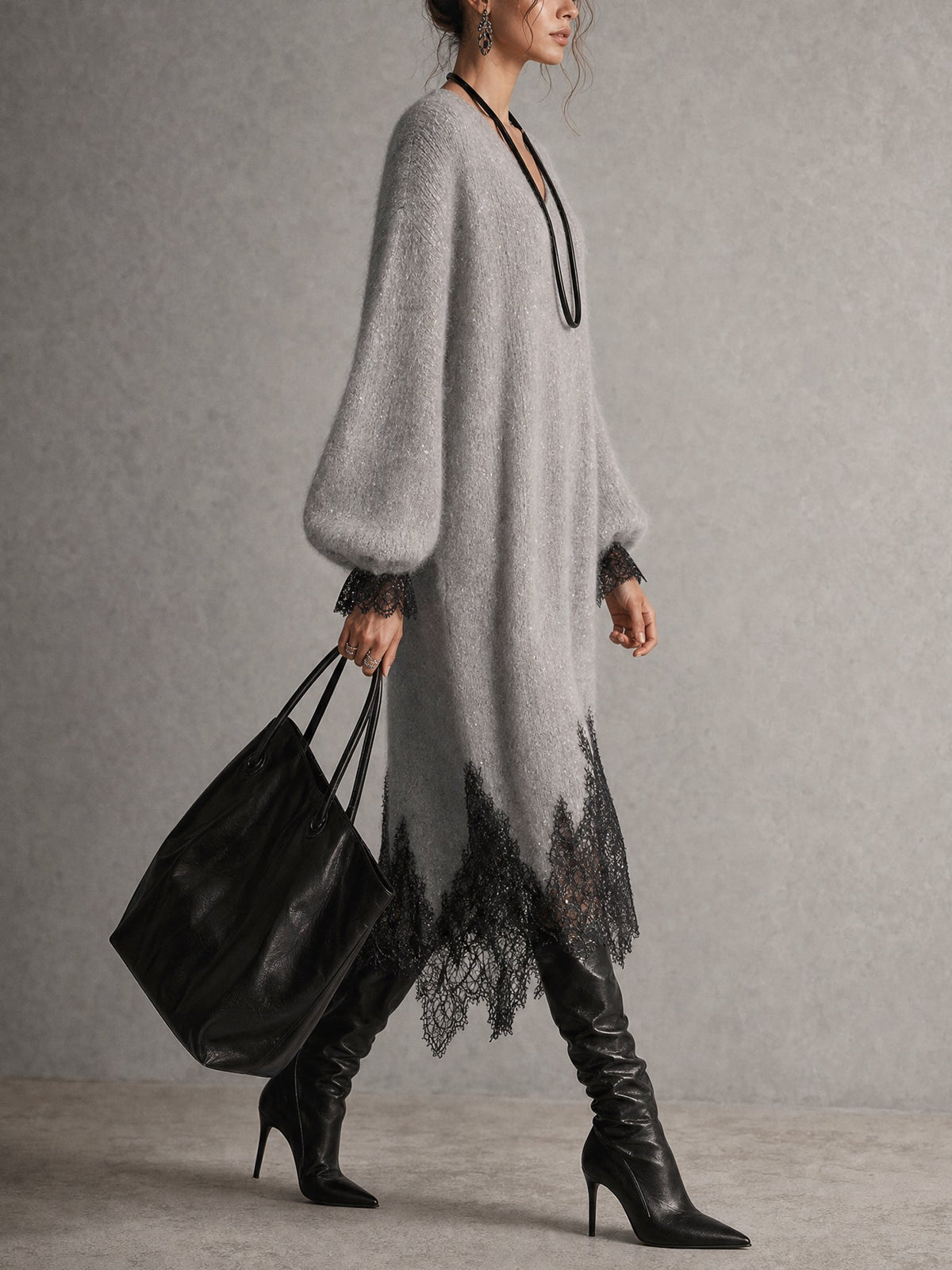 Gray knit midi dress with lace trim - 5