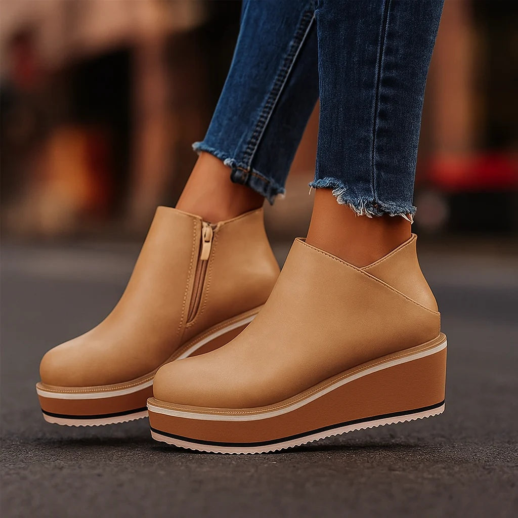 Ruth | Side-Zip Wedge Ankle Boots - Light Khaki
