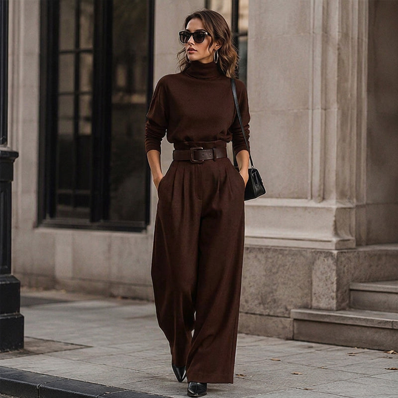 Coffee Brown elegant turtleneck top and high-waist pants set