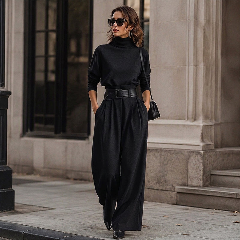 Black elegant turtleneck top and high-waist pants set