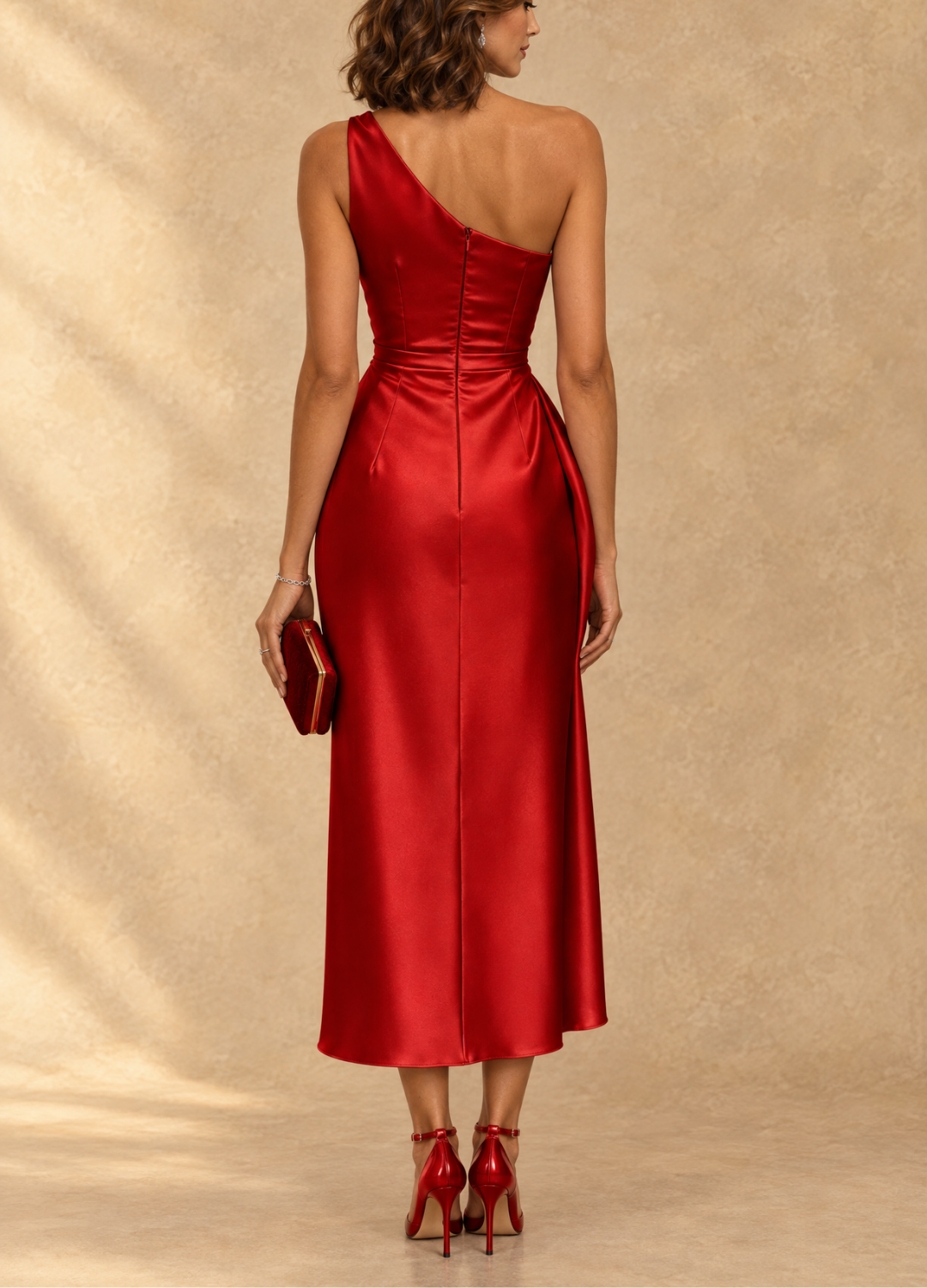 Donna | One-Shoulder Ruched Satin Midi Dress