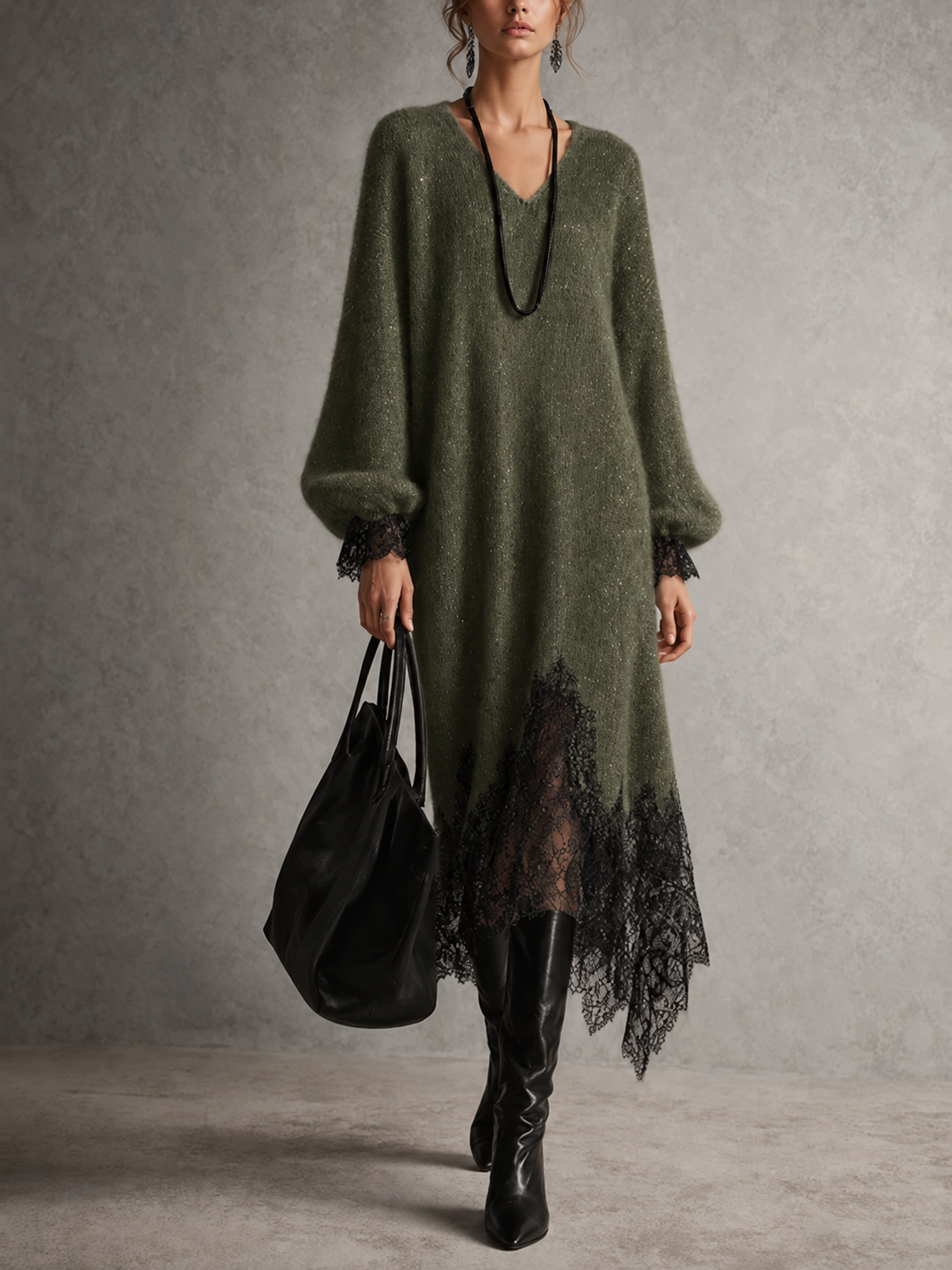 Green knit midi dress with lace trim