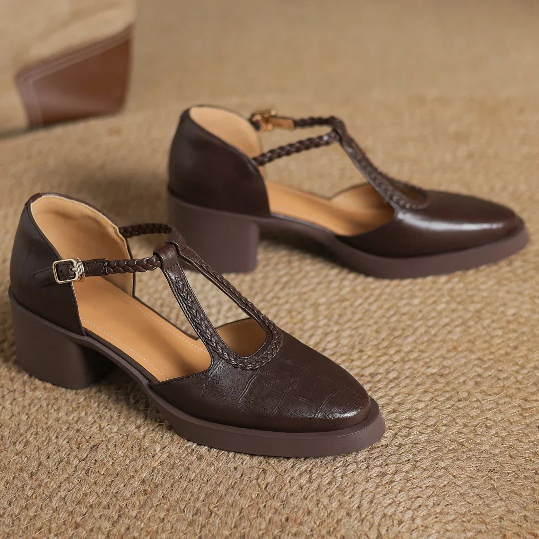 Judith Elegant T-Strap Mid-Heel Shoes Brown