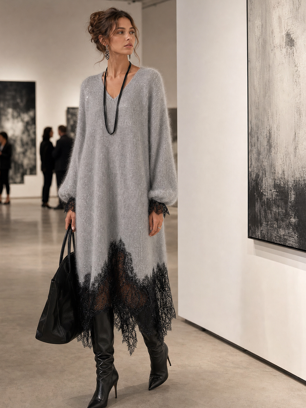 Gray knit midi dress with lace trim - 3