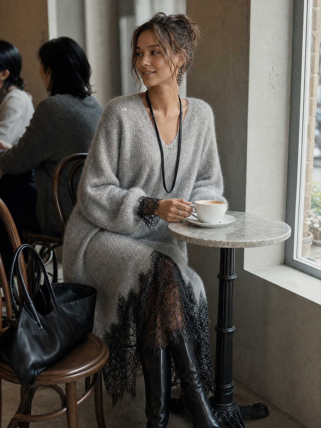 Gray knit midi dress with lace trim - 4