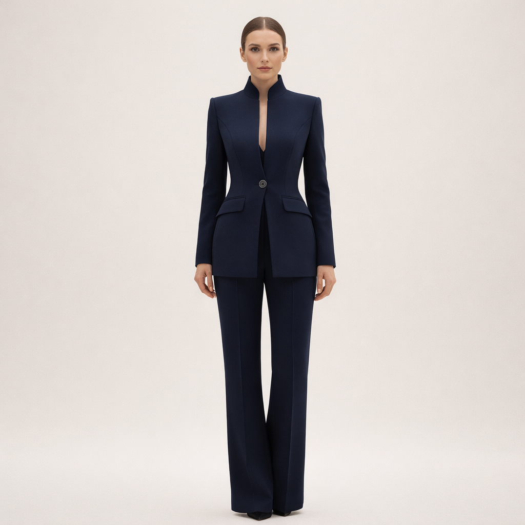 Victoria | Tailored Wide-Leg Suit Set - Navy Blue