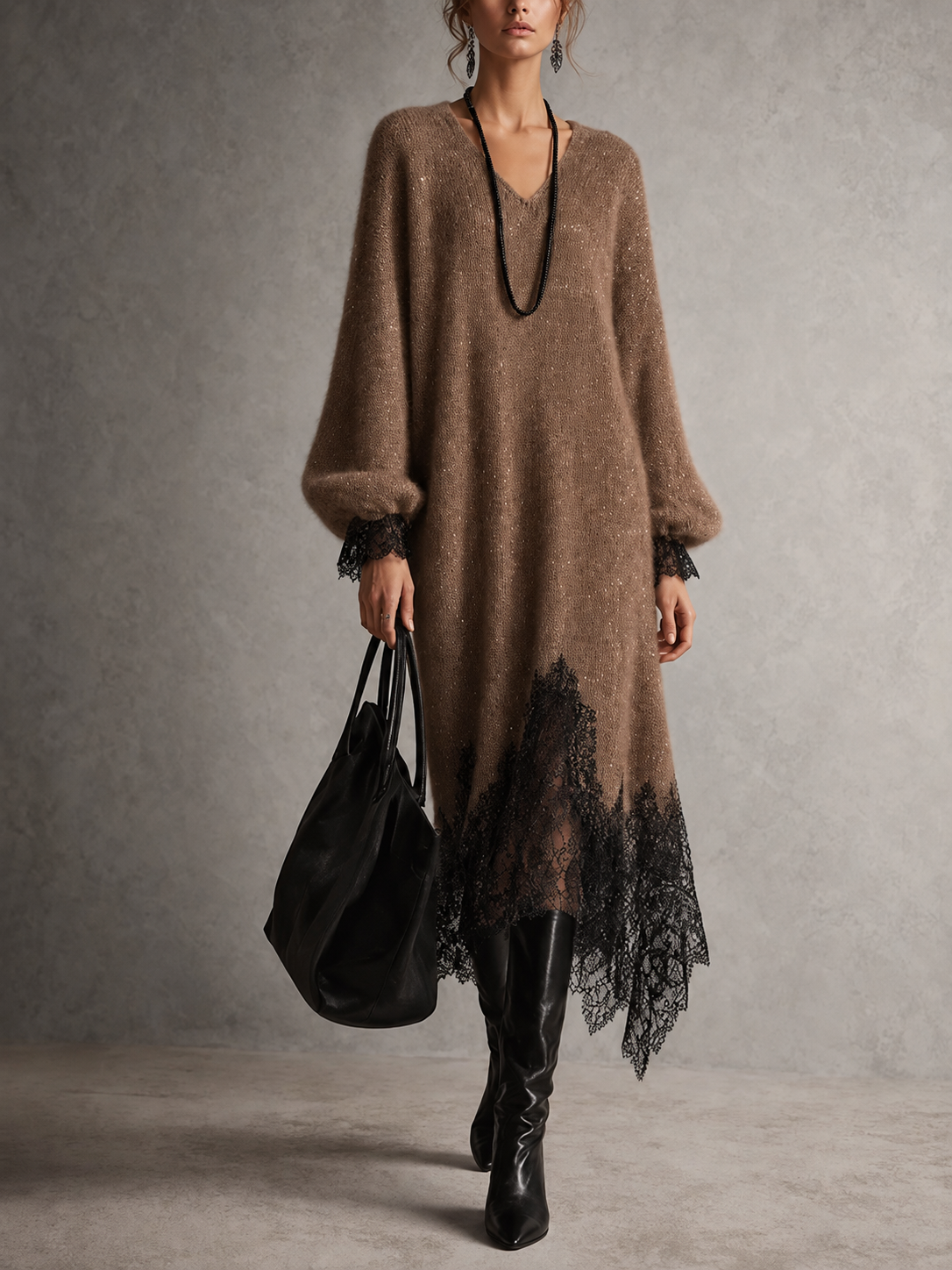 Brown knit midi dress with lace trim