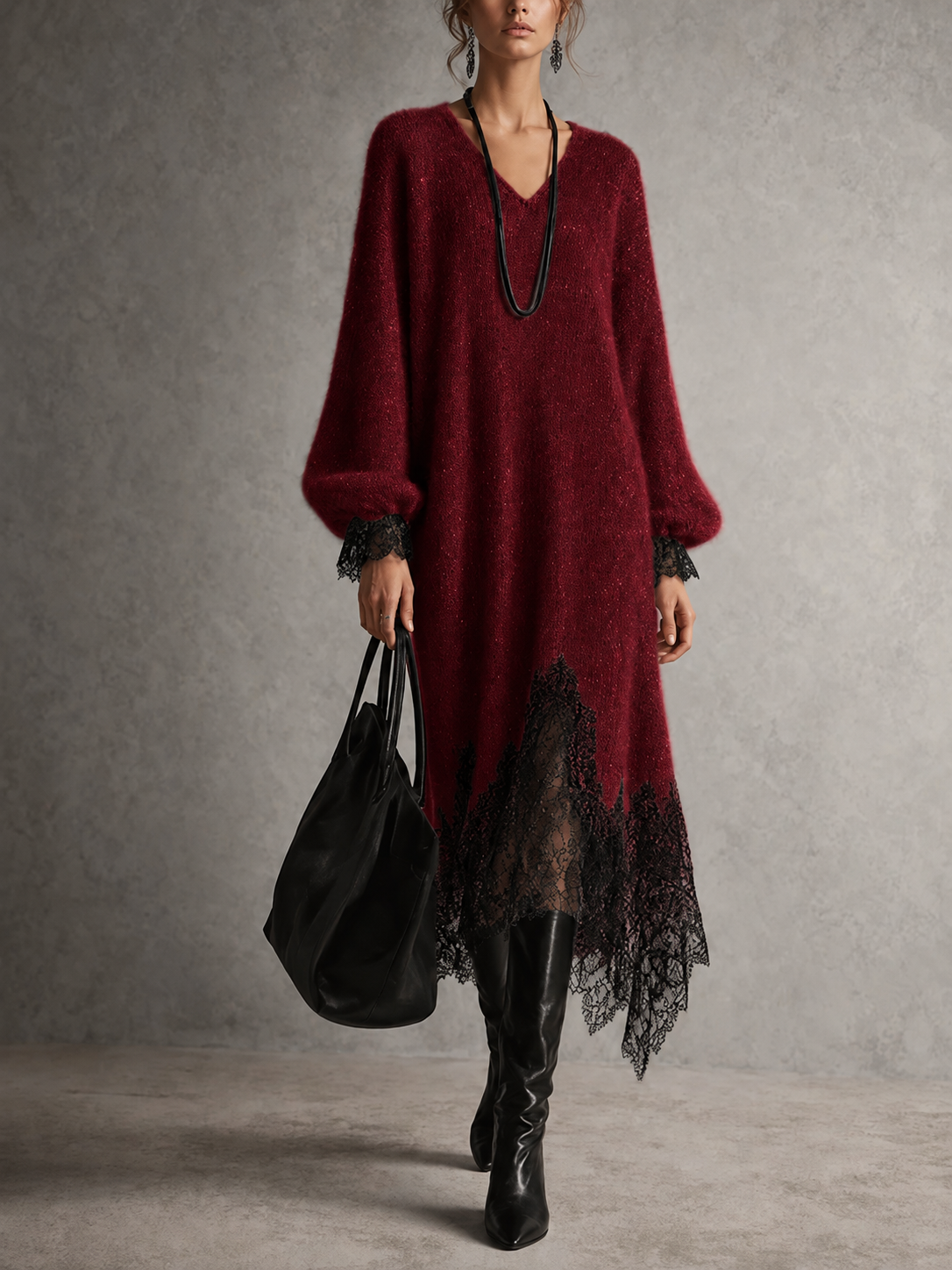 Red knit midi dress with lace trim