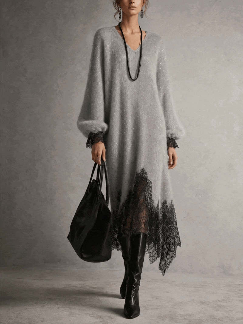 Gray knit midi dress with lace trim - 2