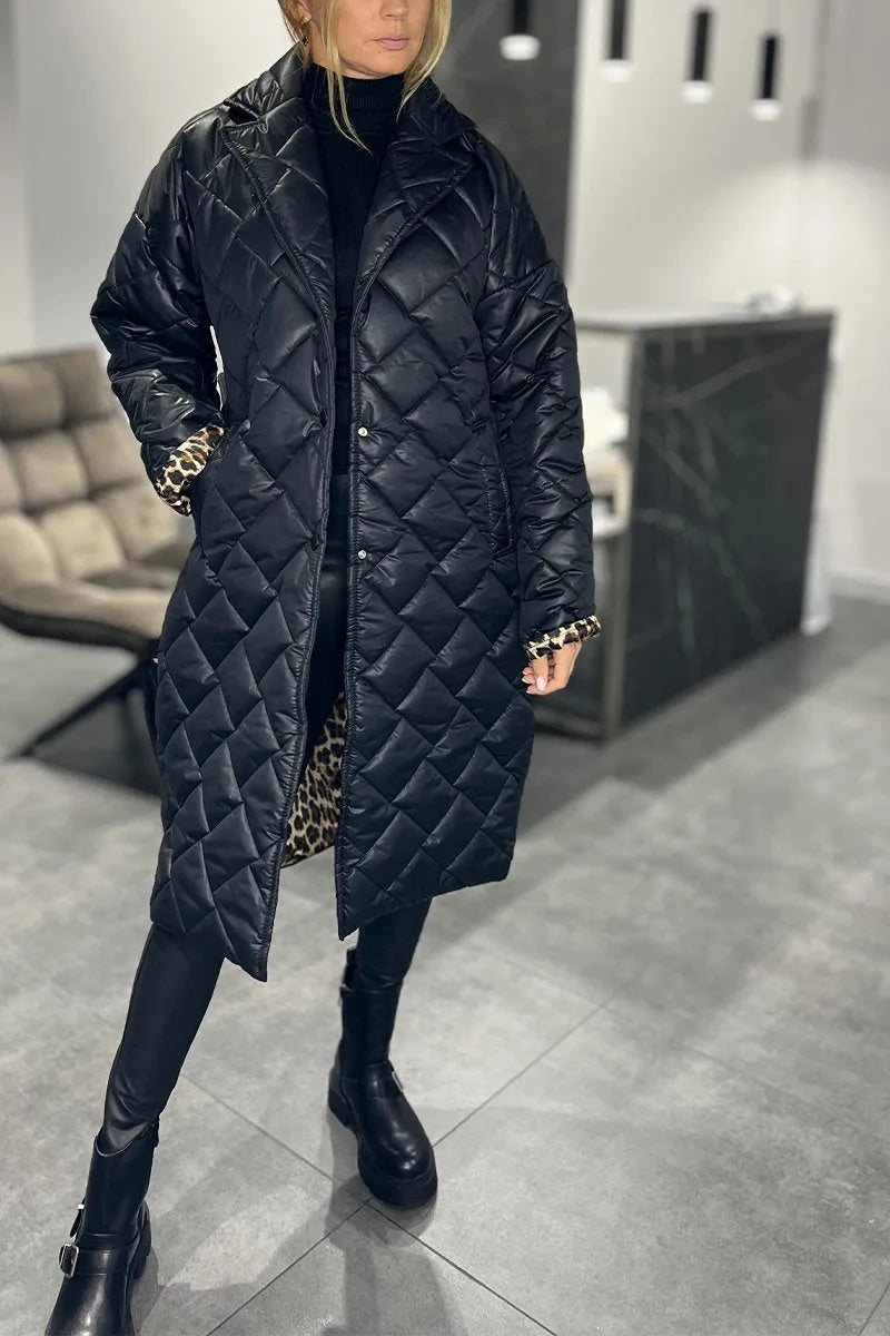 Rose Reversible Quilted Coat with Leopard Print - Black