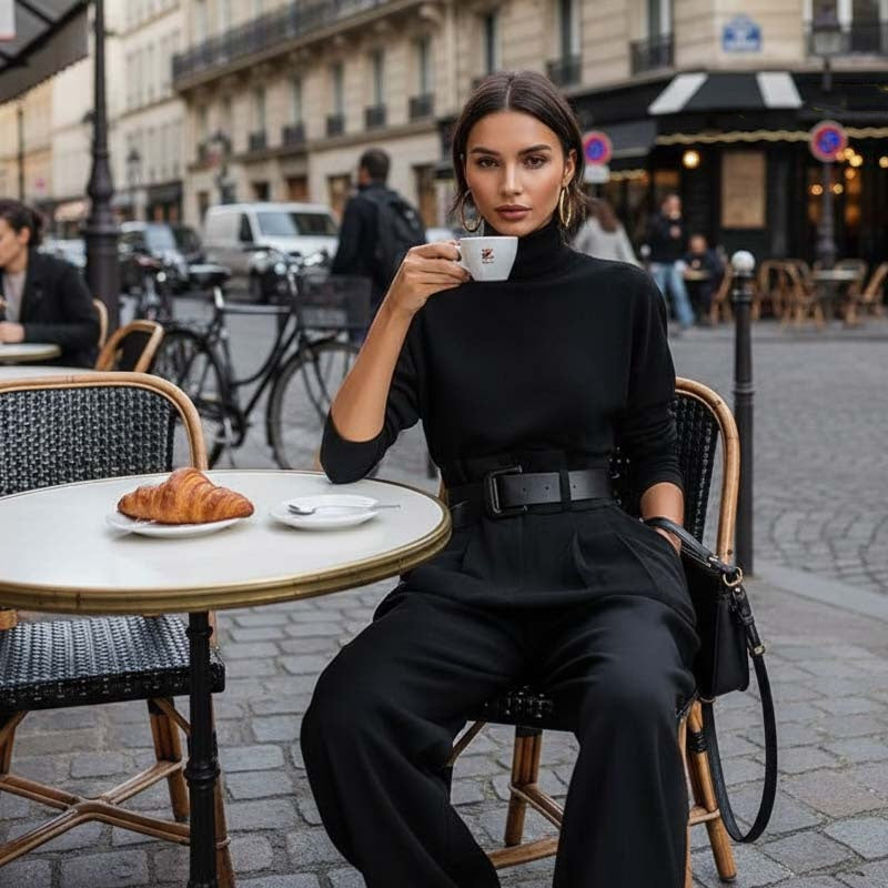 Elegant turtleneck top and high-waist pants set