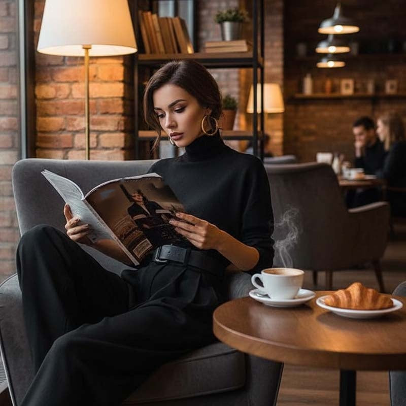 Elegant turtleneck top and high-waist pants set
